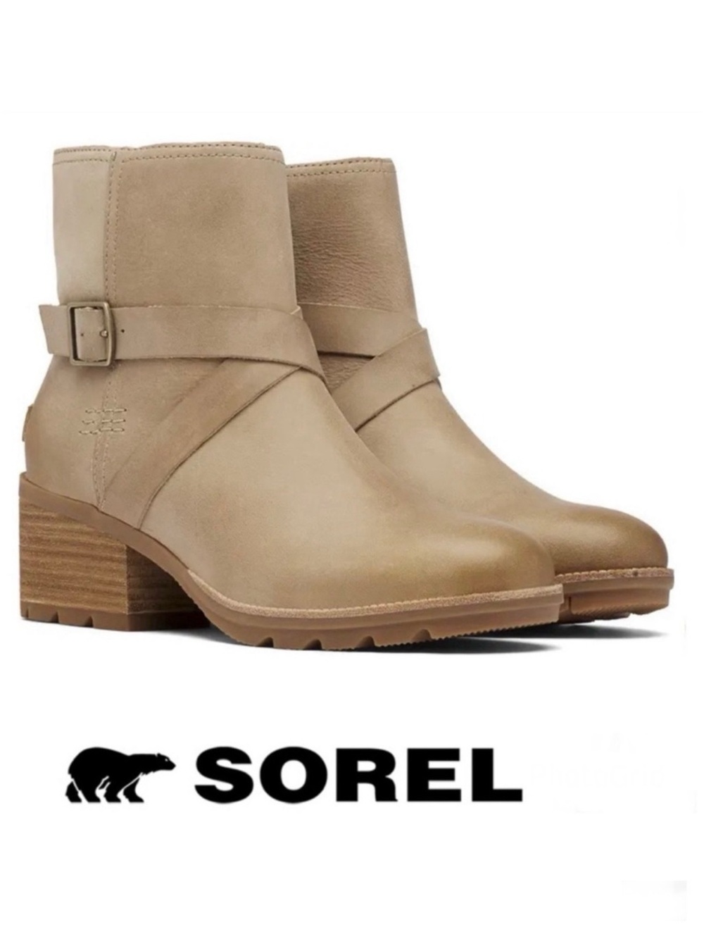 SOREL Women Cate Buckle Bootie Upper Leather Waterproof Sand Ankle Boots Sz 9